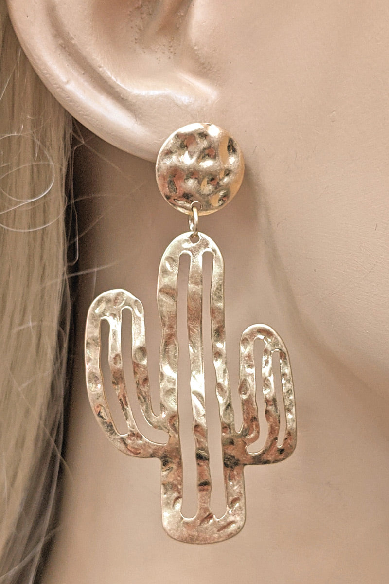 Worn Gold Textured Cactus Earring