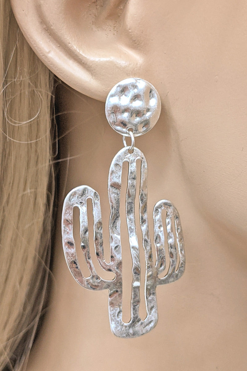 Worn Silver Textured Cactus Earring