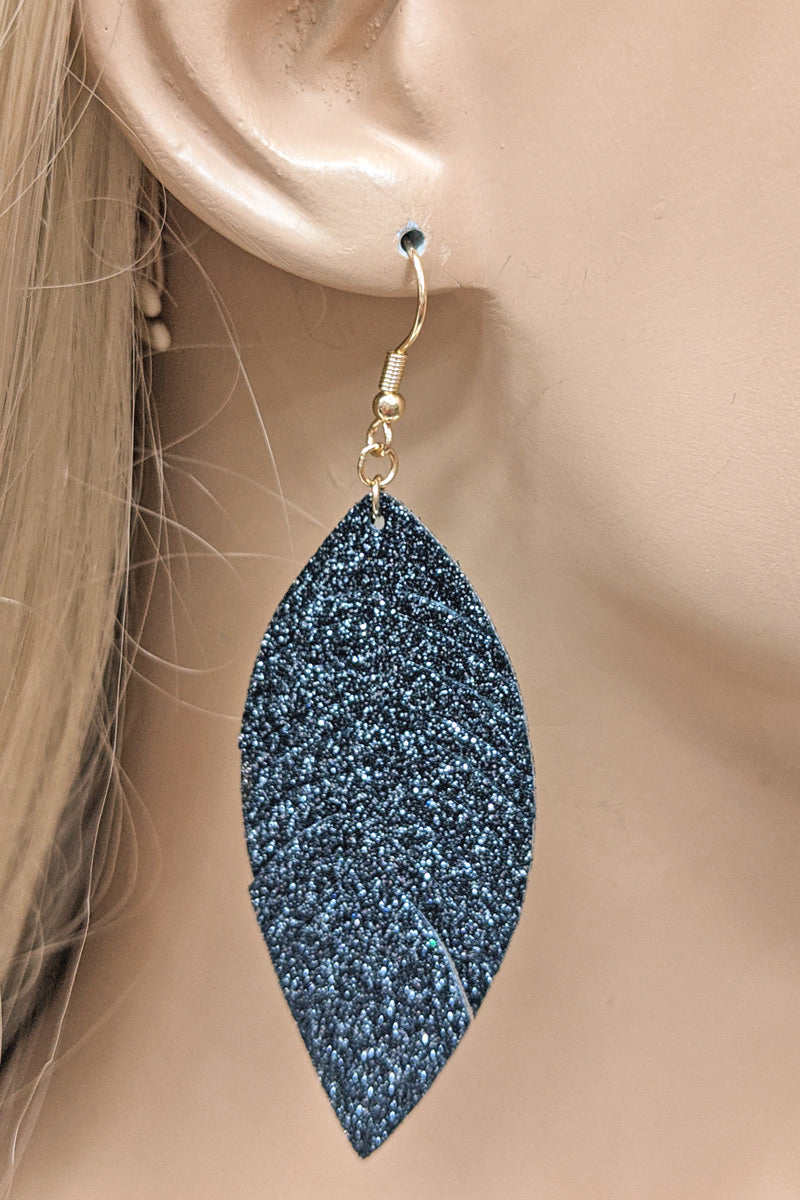 Black Glitter Faux Leather Leaf Earrings
