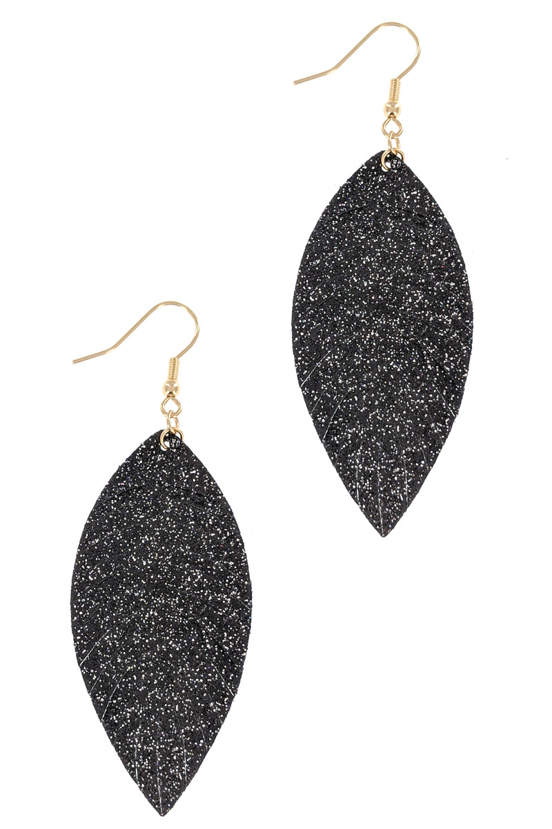 Black Glitter Faux Leather Leaf Earrings