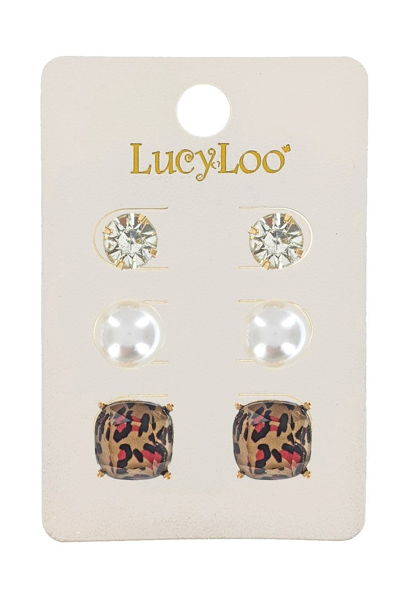 3-Pair Animal Print Stud Earrings