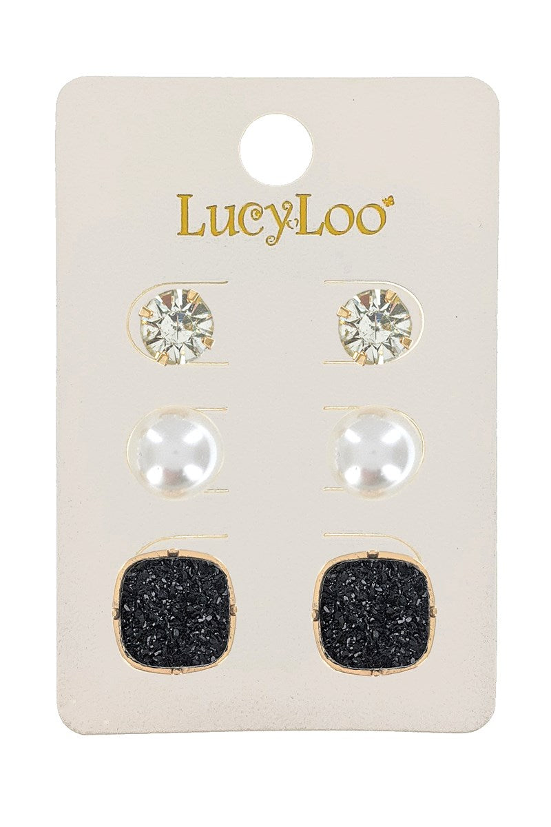 3-Pair Black Druzy Stud Earrings