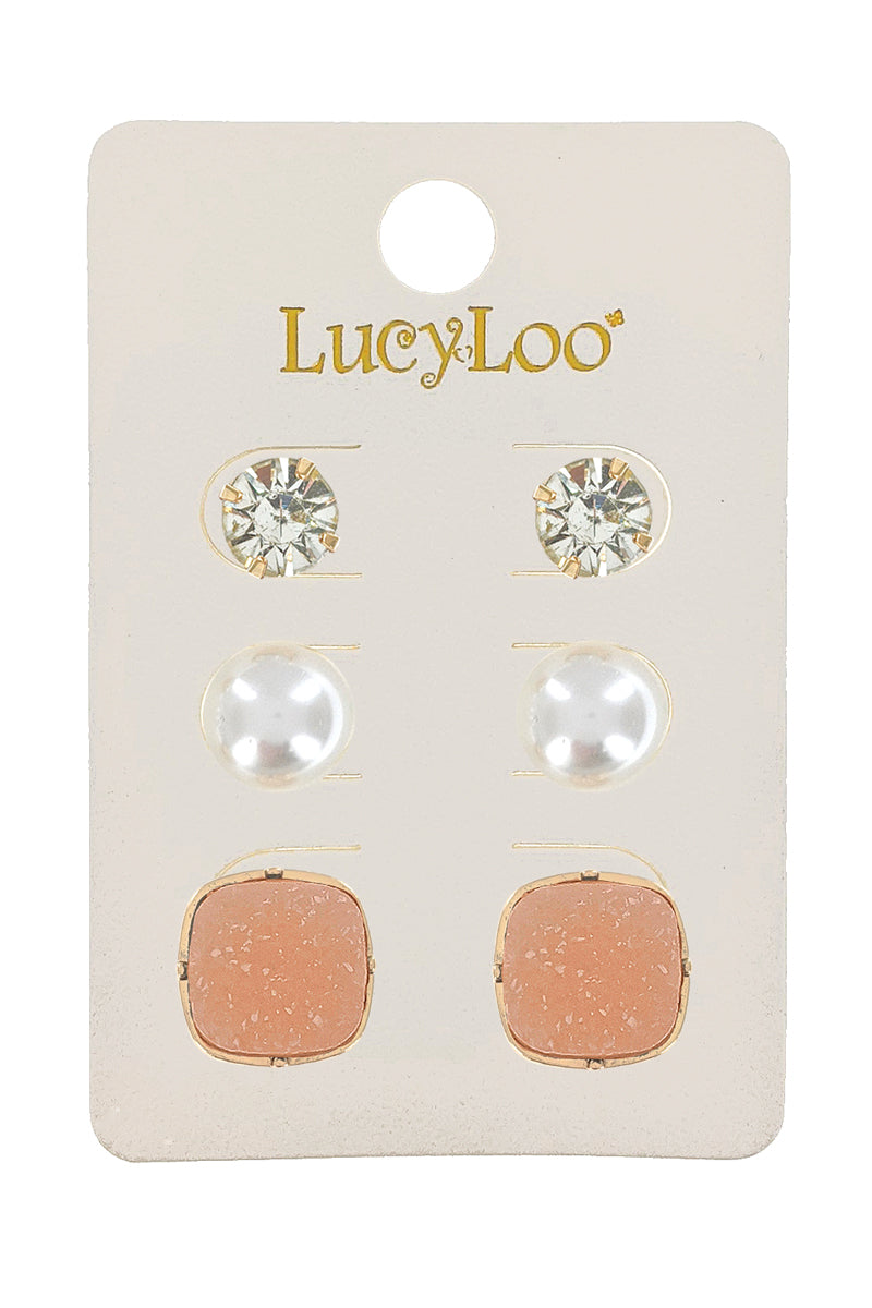 3-Pair Pink Druzy Stud Earrings