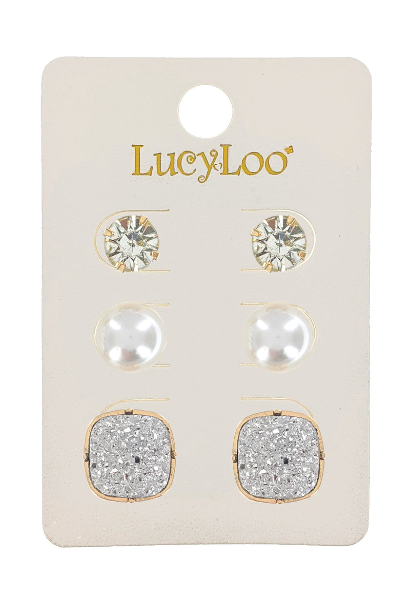 3-Pair Silver Druzy Stud Earrings