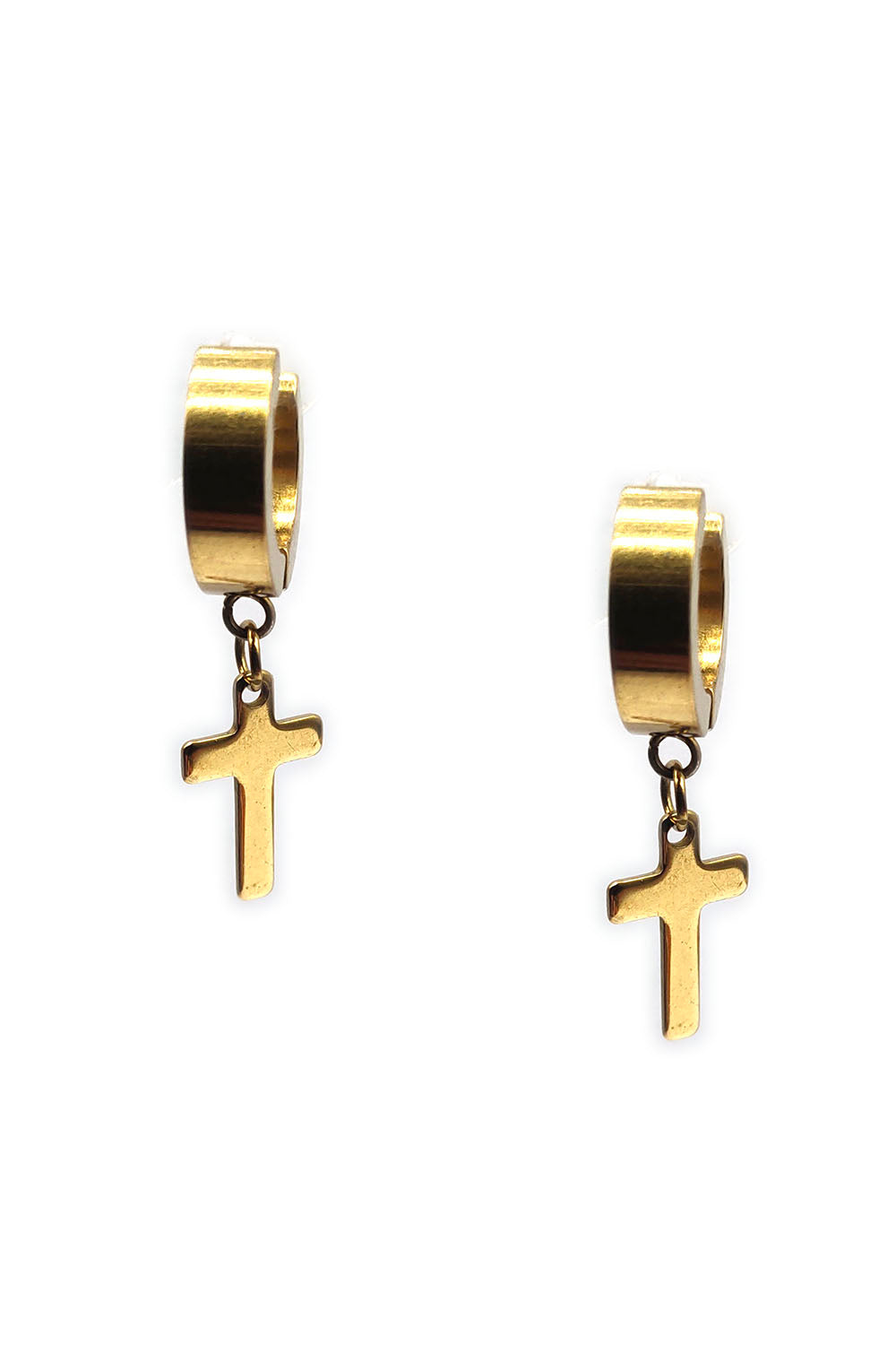 Gold Stainless Steel Mini Hoop Dangle Cross Earrings