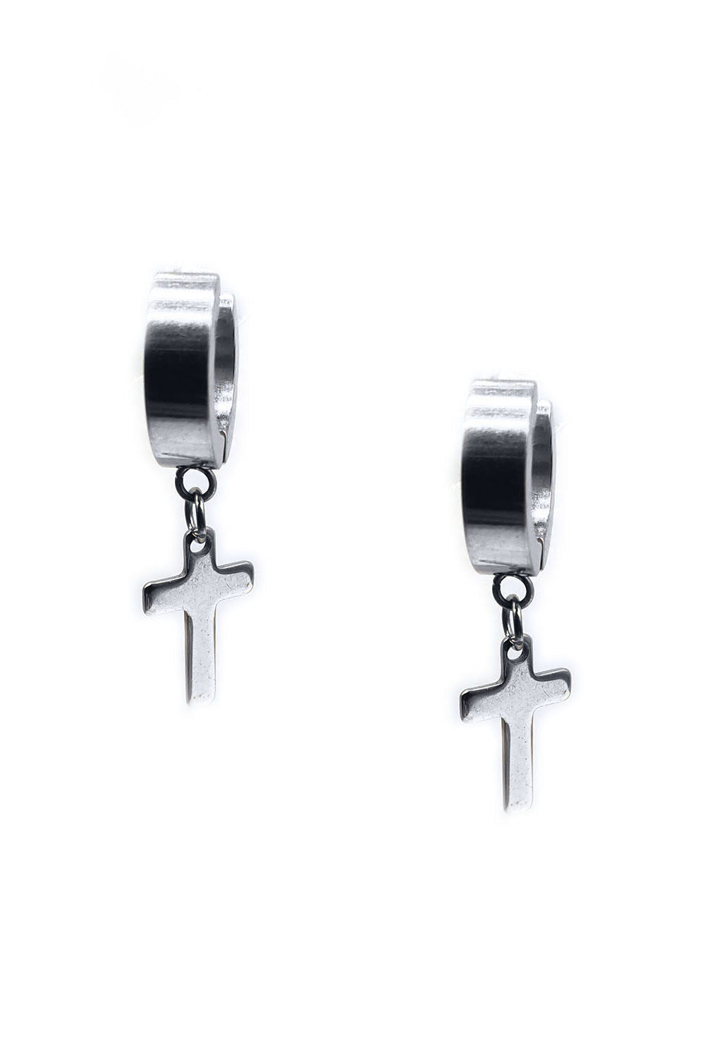 Silver Stainless Steel Mini Hoop Dangle Cross Earrings