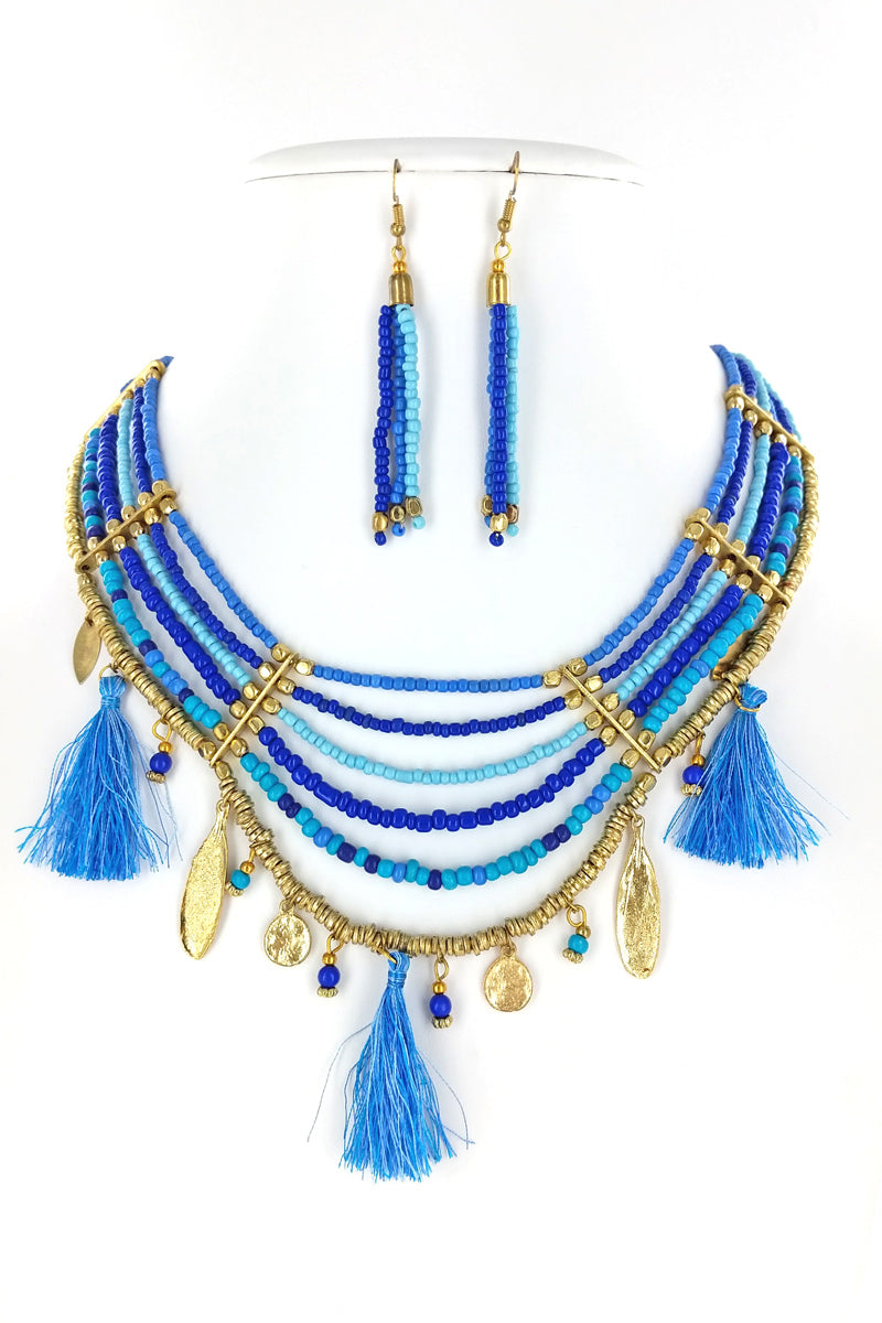 Blue Boho Beaded Necklace Set