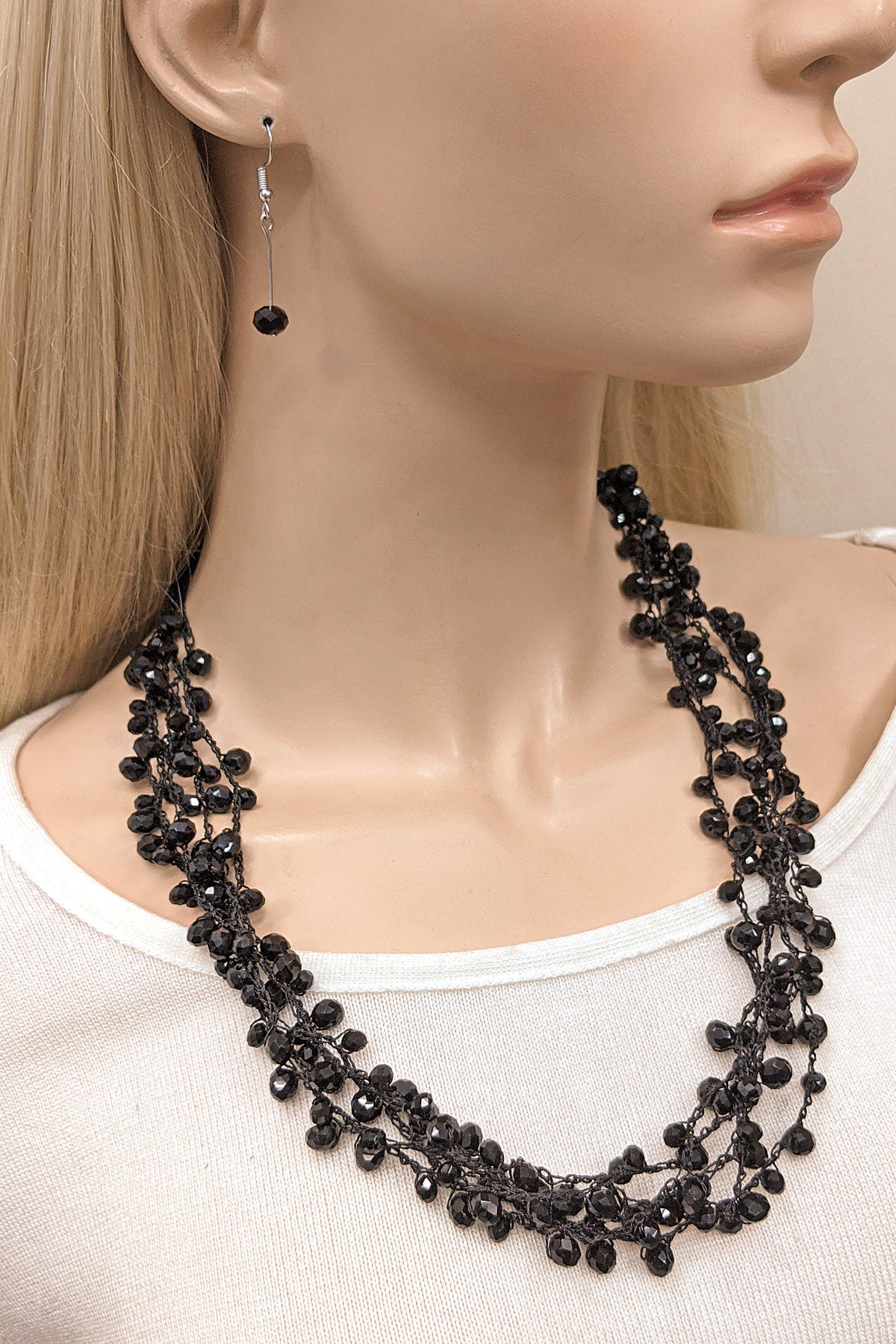 Black Glass Beaded Necklace Set