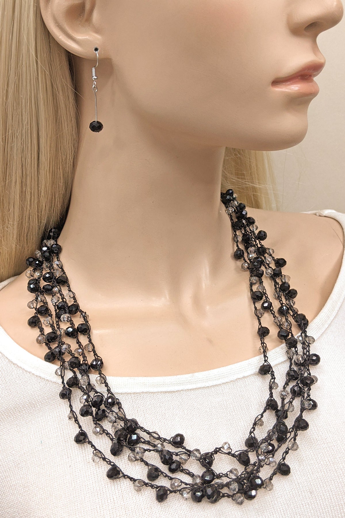 Black-Grey Glass Beaded Necklace Set