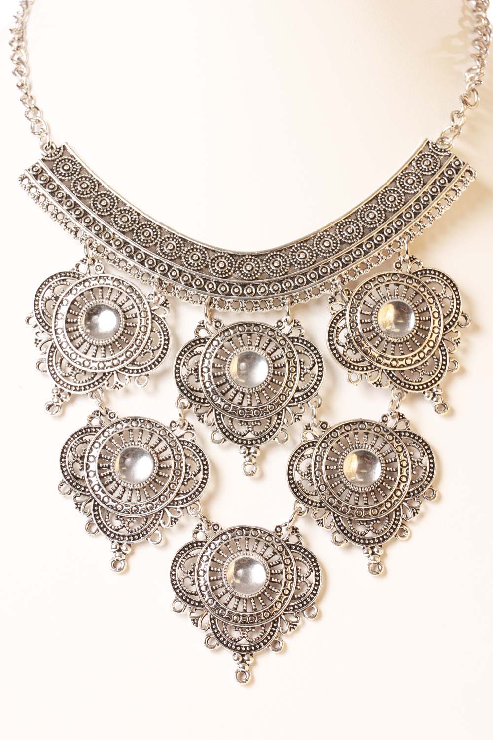 Burnish Silver Metal Statement Necklace Set