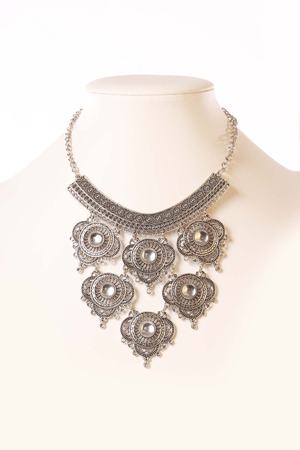Burnish Silver Metal Statement Necklace Set
