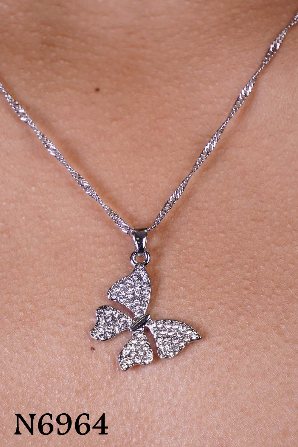 Silver Plated Rhinestone Butterfly Pendant Necklace Set