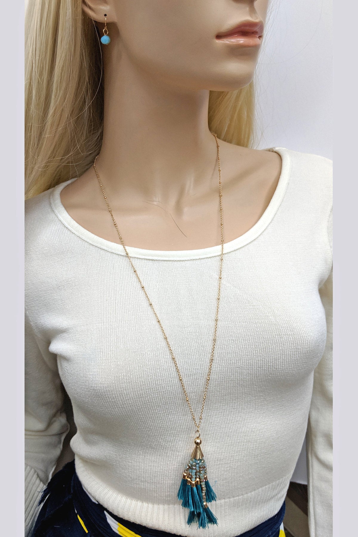 Turquoise Beaded Tassel Necklace Set