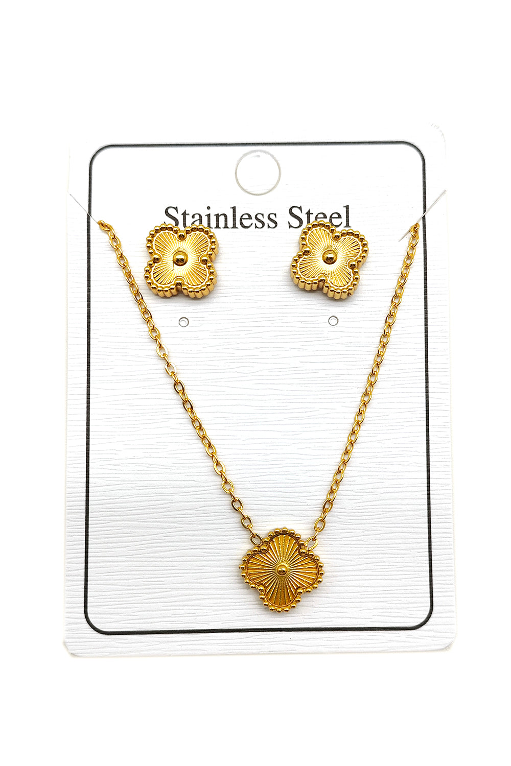 Gold Stainless Steel Clover Earrings & Pendant Set