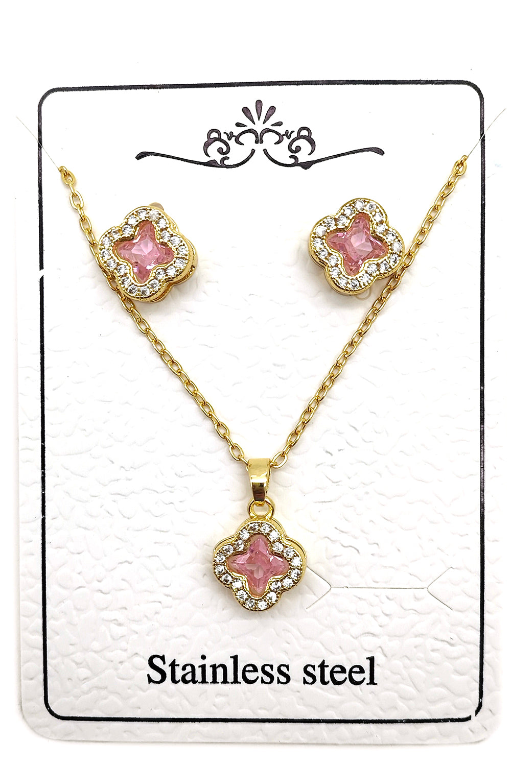 Pink Clover Stainless Steel Necklace Set