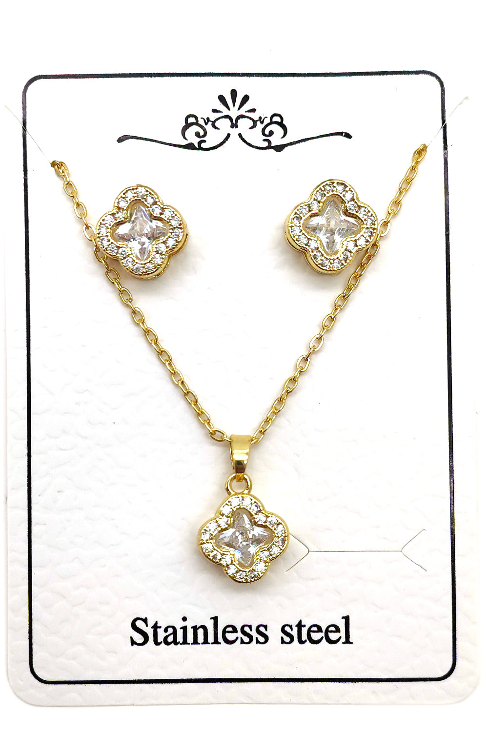 Clear Clover Stainless Steel Necklace Set