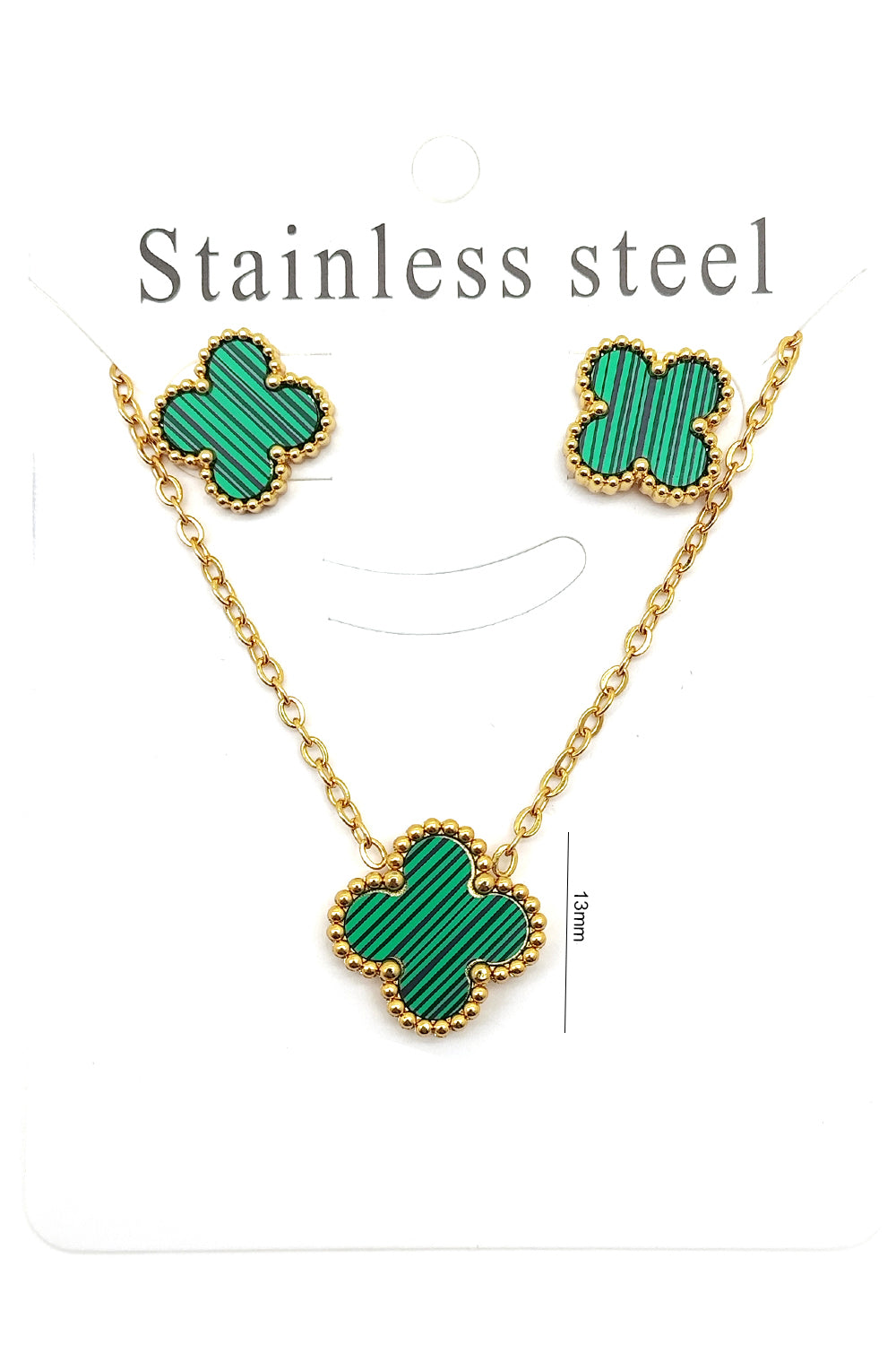 Stainless Steel Green Clover Pendant & Earrings