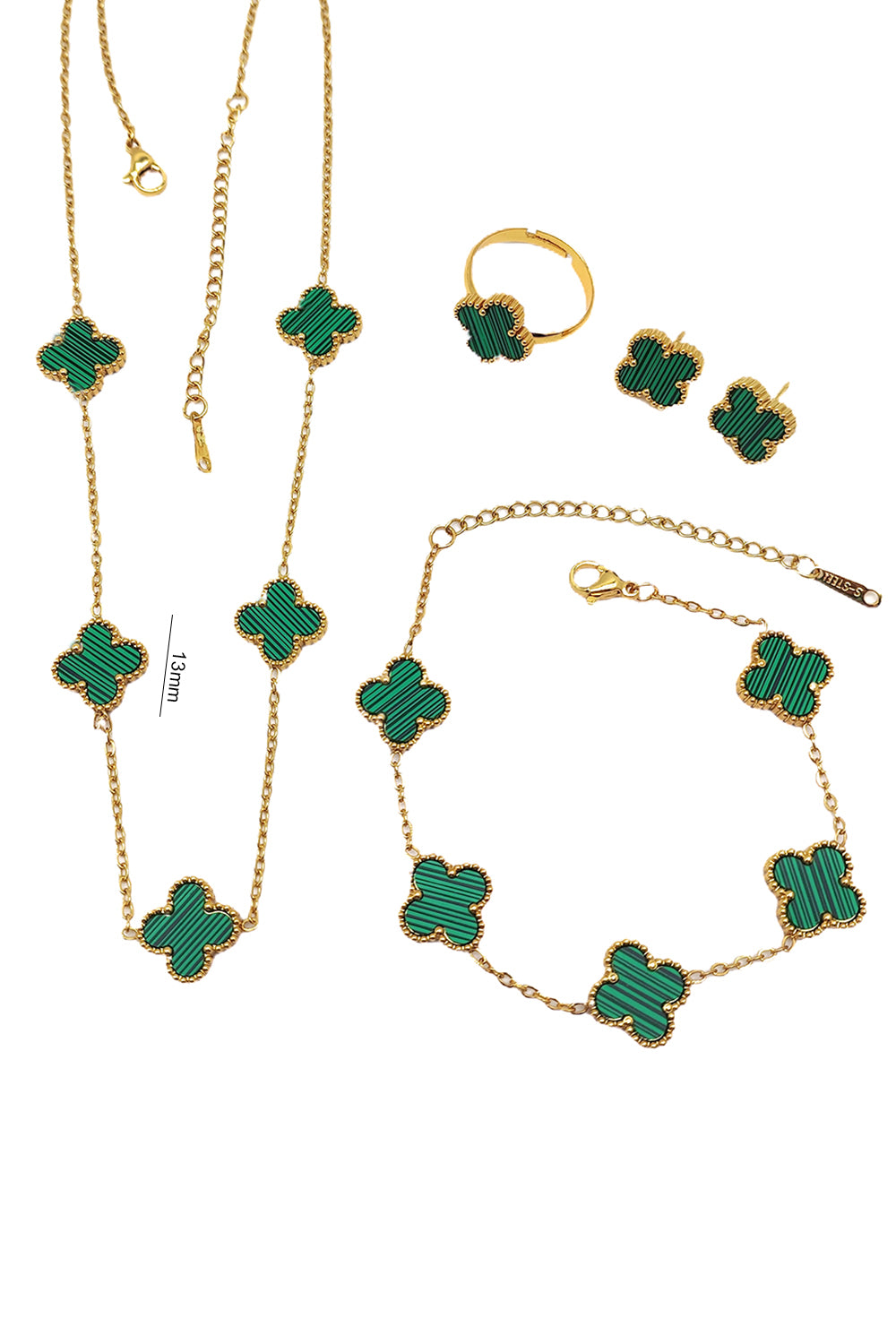 Stainless Steel Green Clover Necklace Set