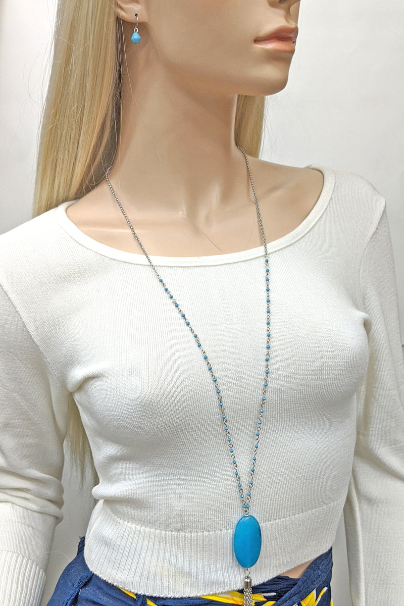Turquoise Stone Beaded Pendant Necklace Set
