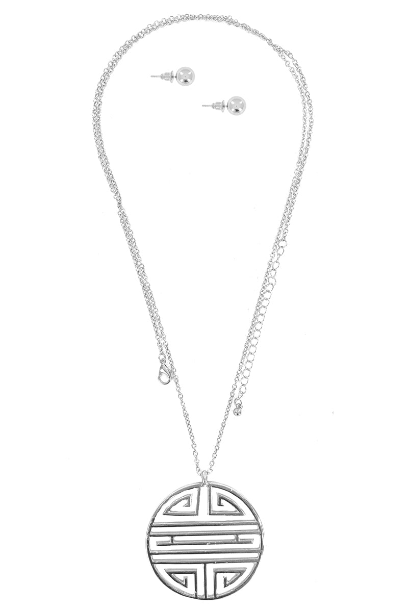 Silver Long Geometric Pendant Necklace Set