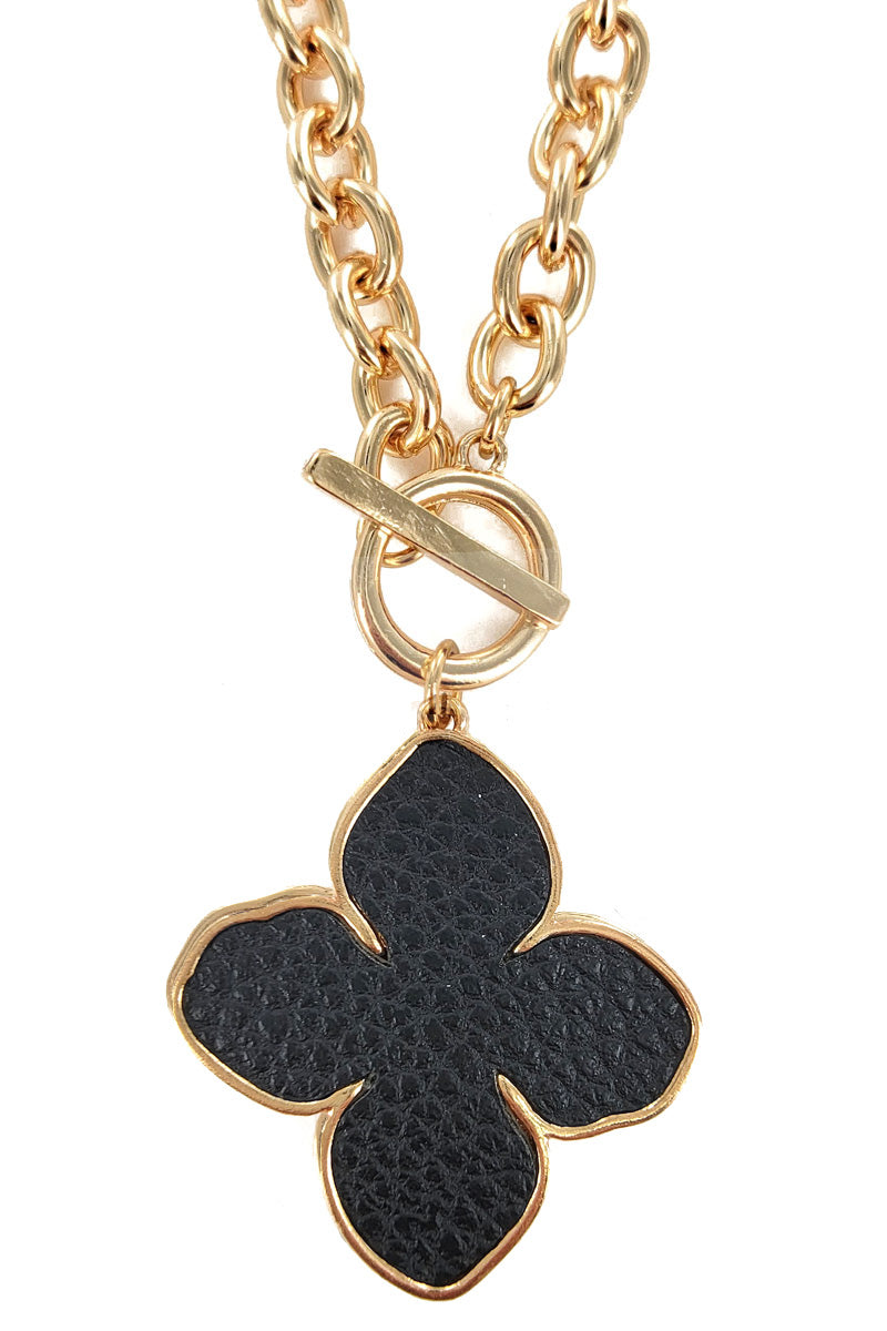 Black Faux Leather Clover Pendant Necklace