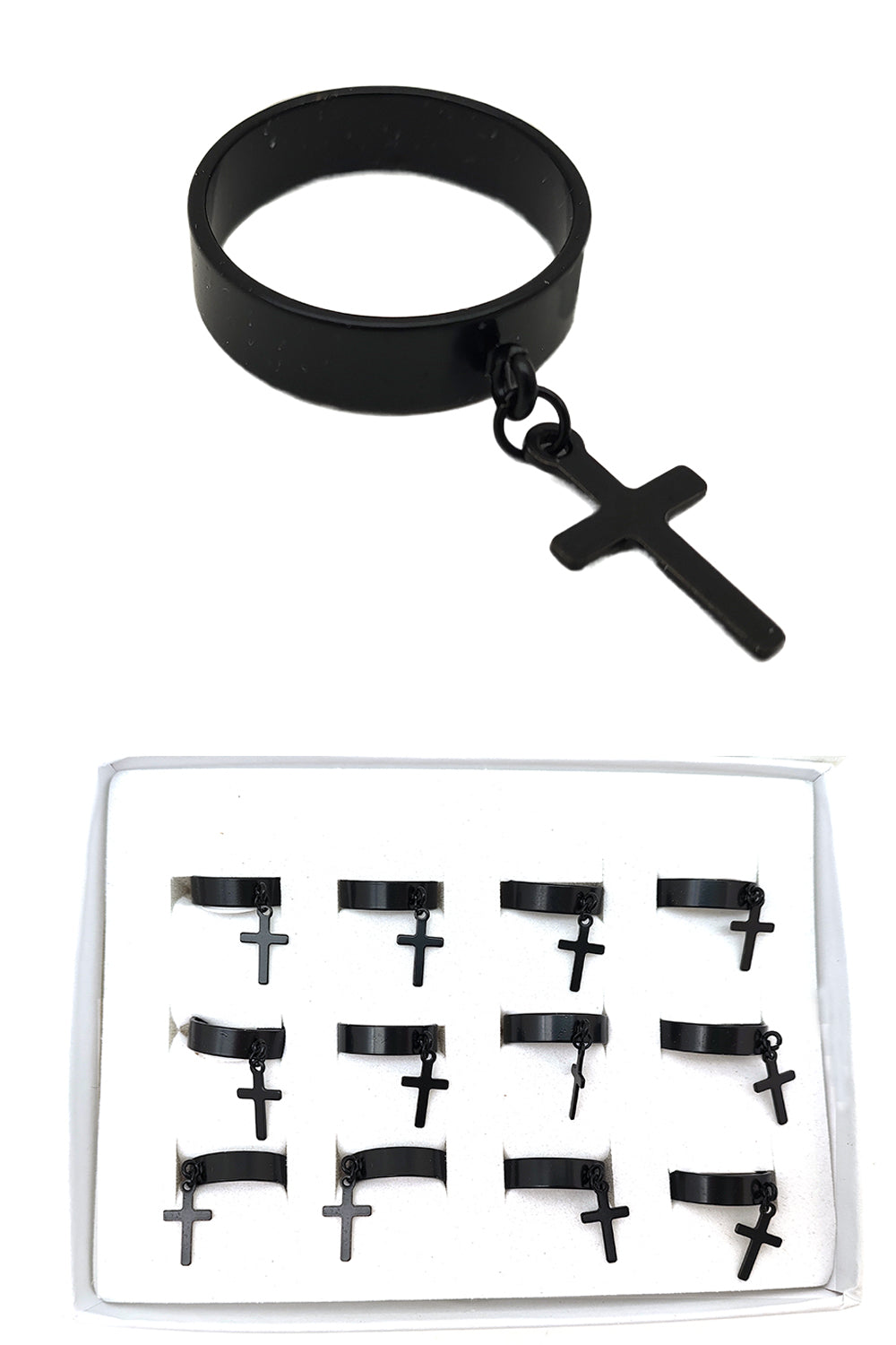 Stainless Steel Dangle Cross Black Rings