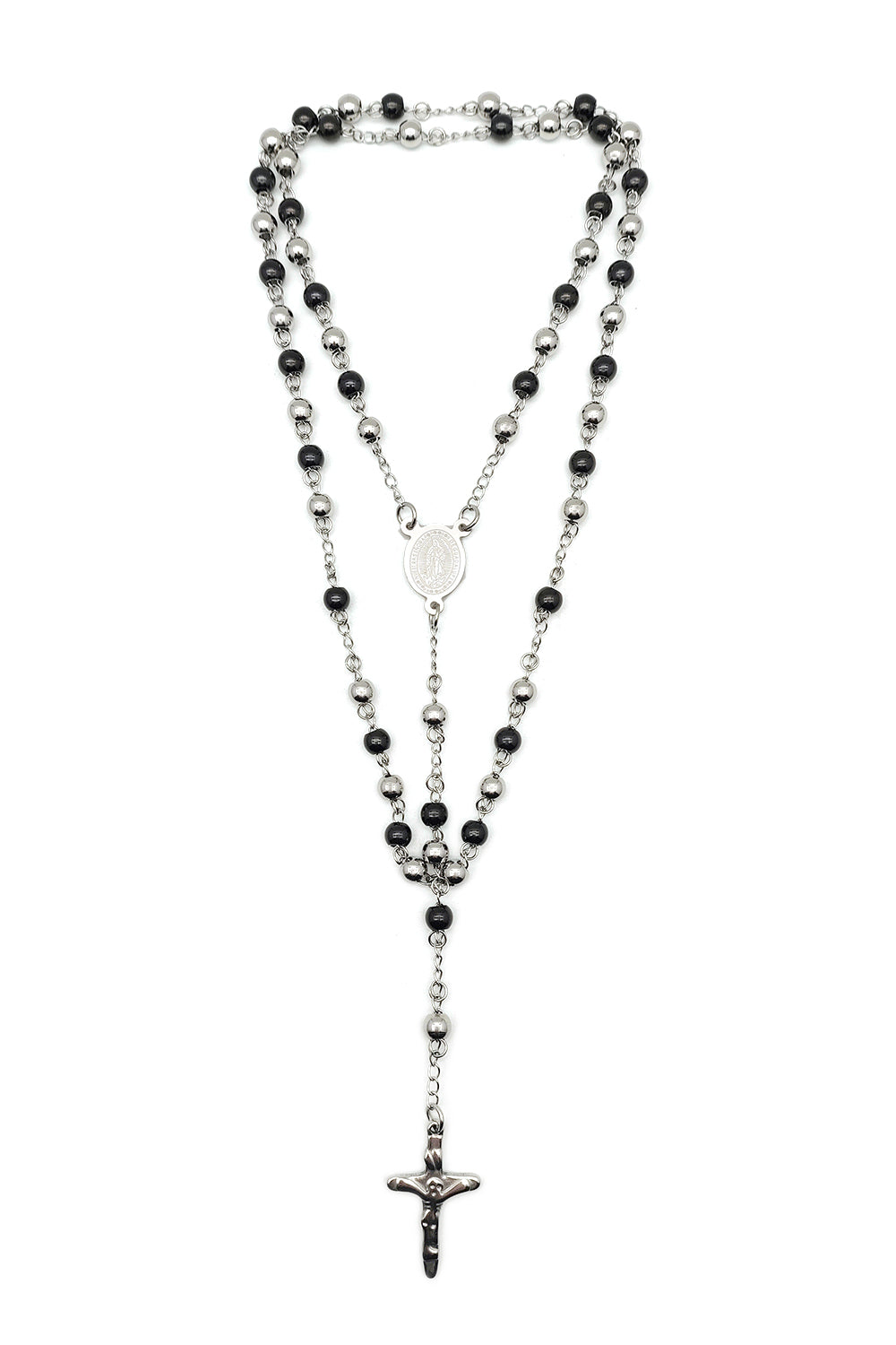 Silver/Black Stainless Steel Virgen De Guadalupe Rosary