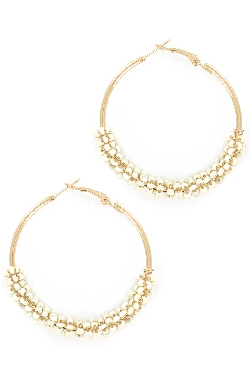 Beige Beaded Hoop Gold Earrings