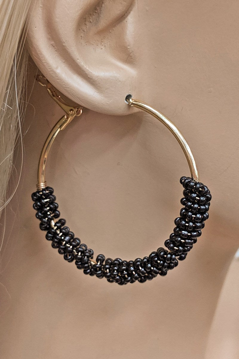 Black Beaded Hoop Gold Earring