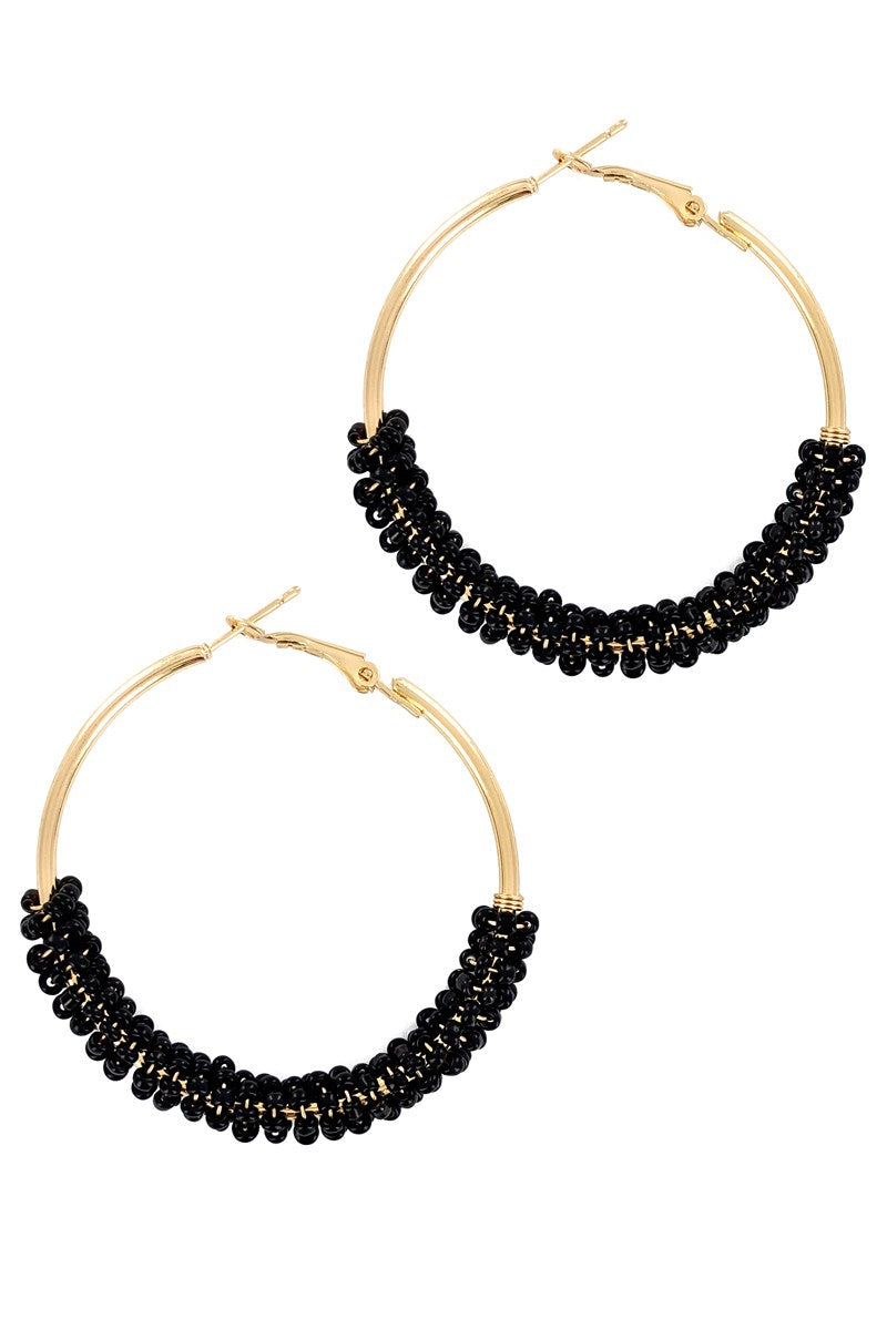 Black Beaded Hoop Gold Earring