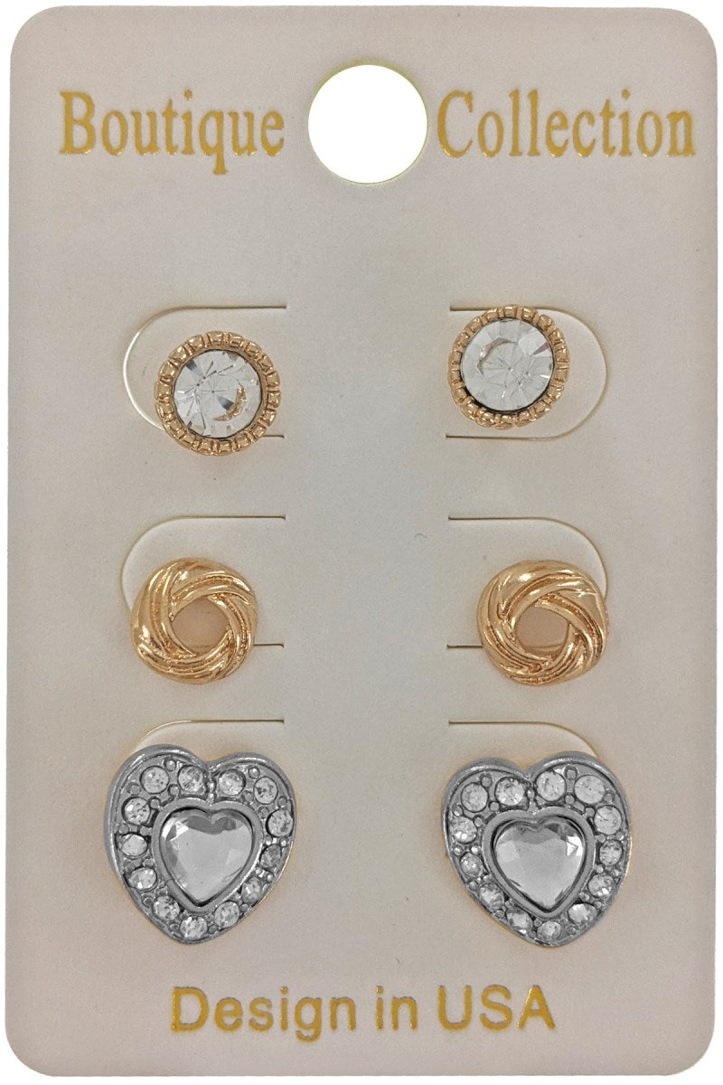 3-Pair, Silver Heart Earring Set