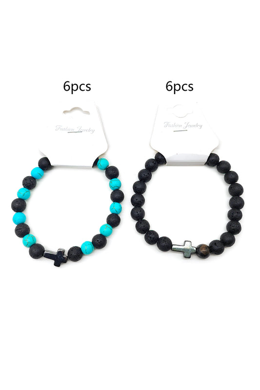 Aqua/Wood  Beaded Cross Bracelet