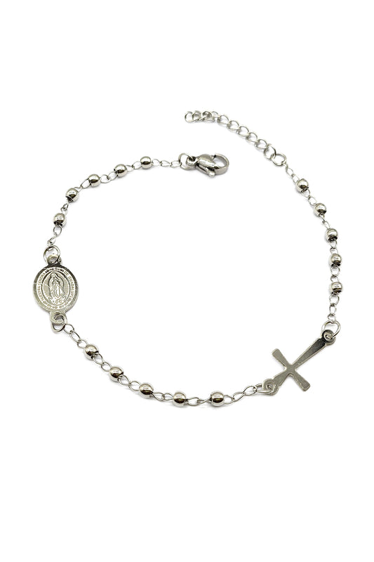 Silver Stainless Steel Virgen De Guadalupe Rosary Bracelet