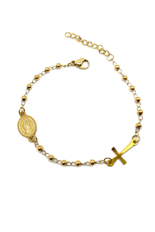 Gold Stainless Steel Virgen De Guadalupe Rosary Bracelet
