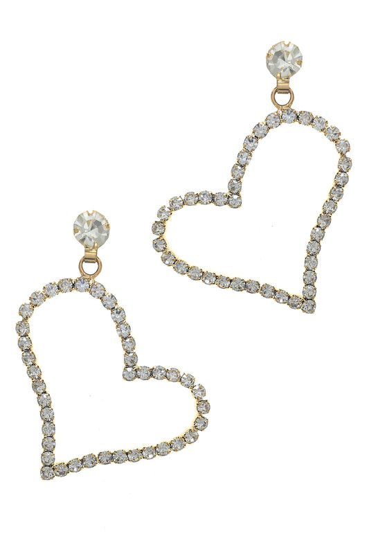 Gold Rhinestone Heart Dangle Earrings