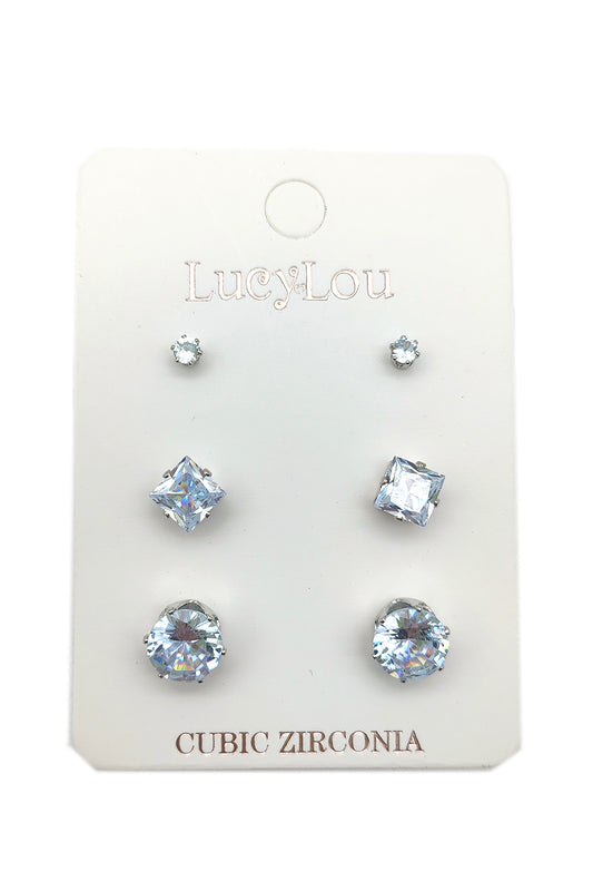 Silver 3-Pair Cubic Zirconia Stud Earrings