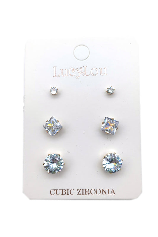 Gold 3-pair Cubic Zirconia Stud Earrings