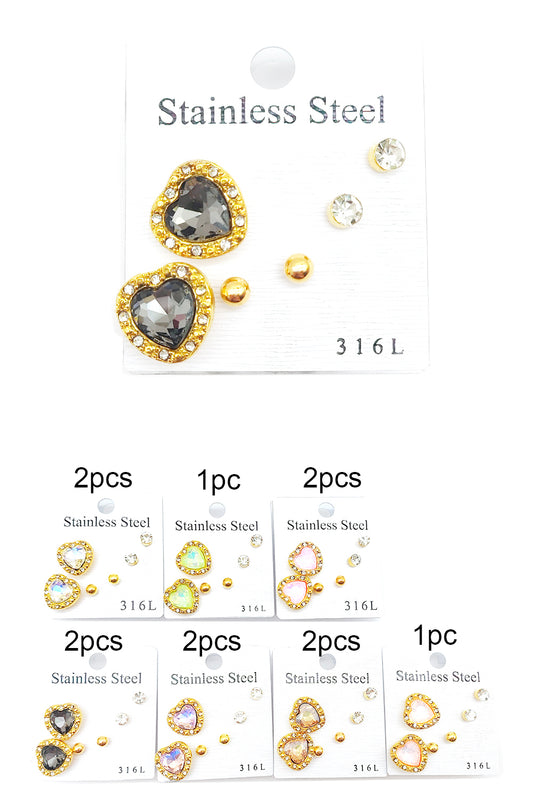 Stainless Steel 3-pair Stud Earrings