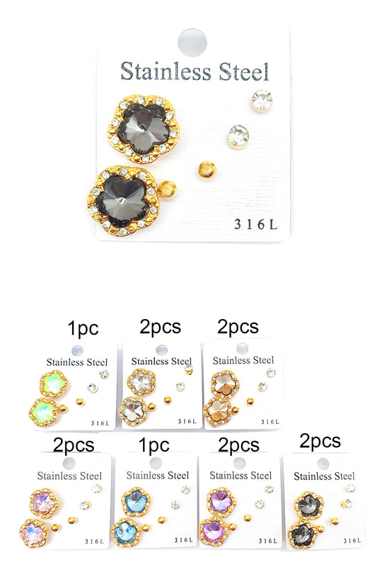 Stainless Steel 3-pairs Stud Earrings