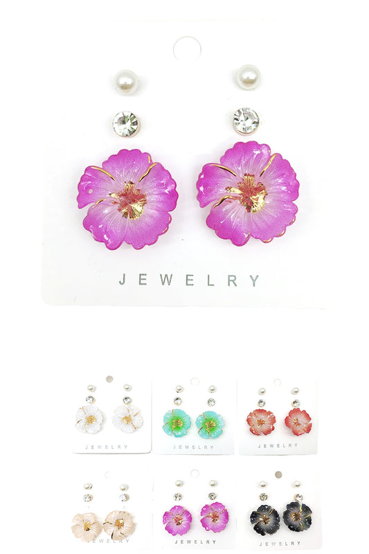 3-pair Flower Design Stud Earrings
