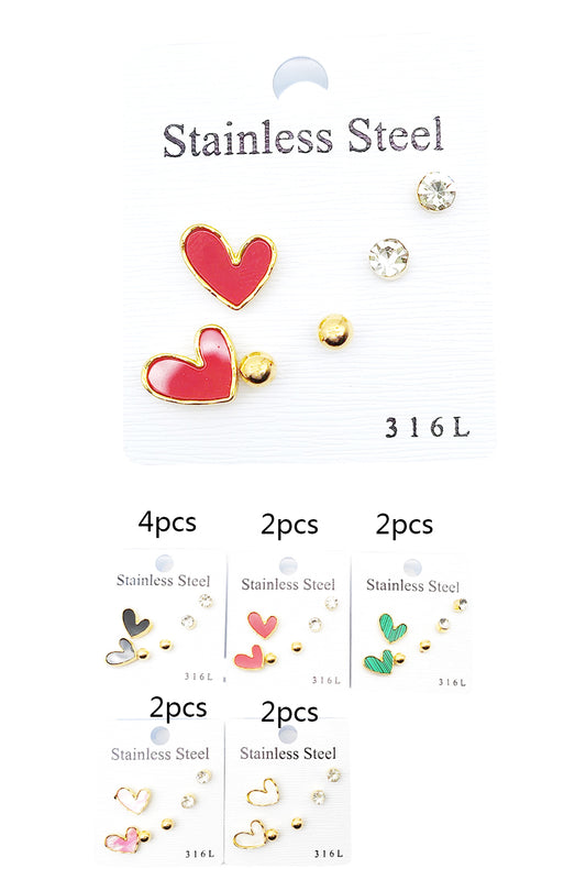 Stainless Steel 3-pairs Heart Earrings