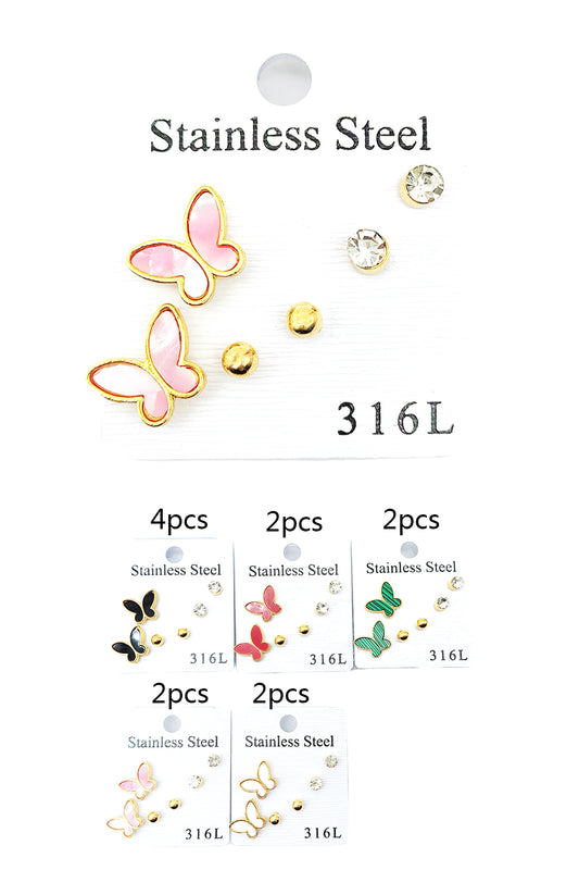 Stainless Steel 3-pair Butterfly Earrings