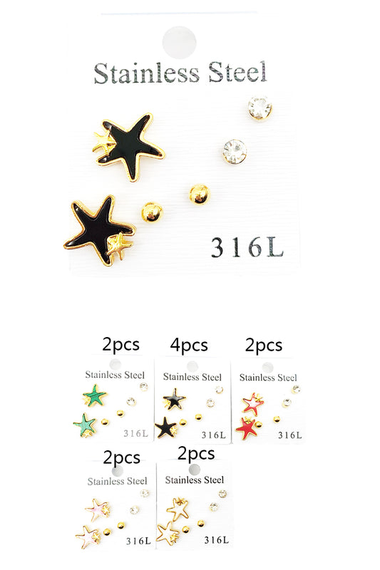 Stainless Steel 3-pairs Star Earrings