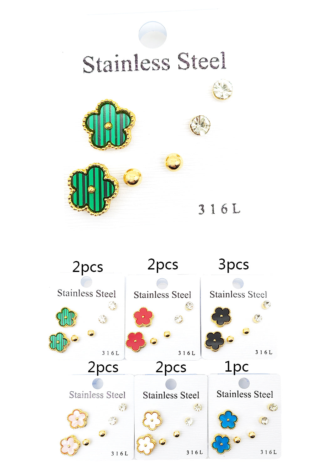 Stainless Steel 3-pair Flower Earrings