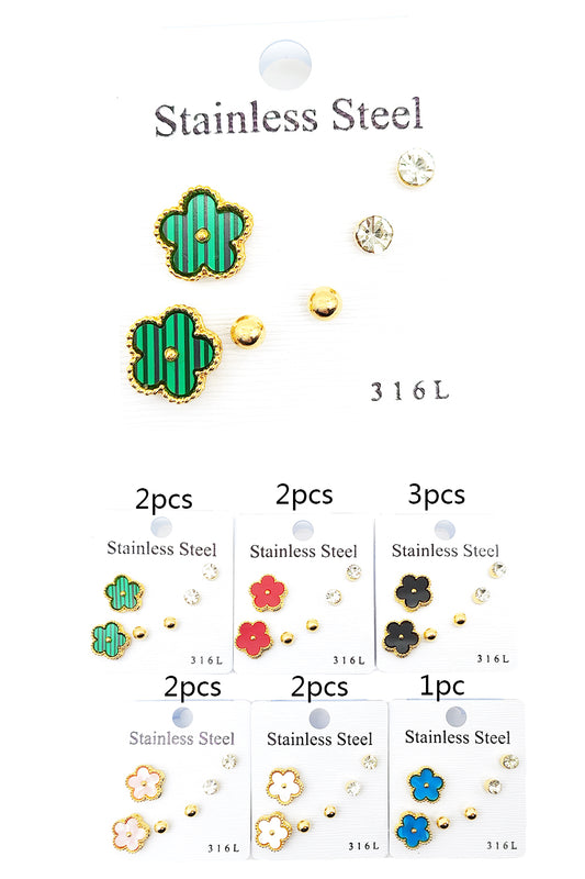 Stainless Steel 3-pair Flower Earrings