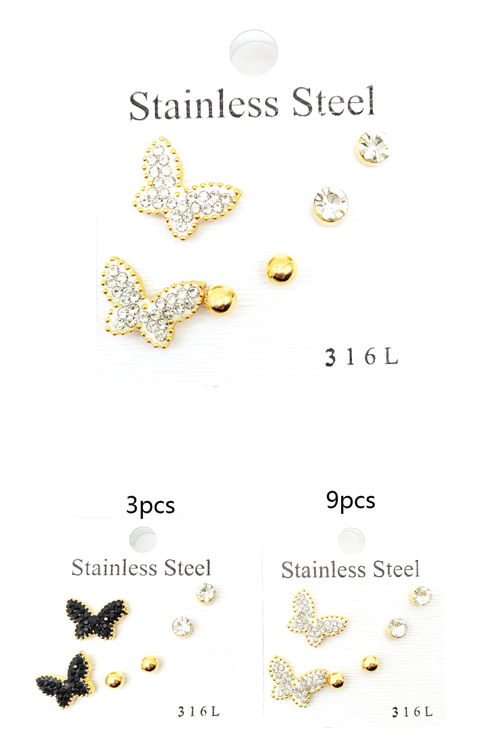 Stainless Steel 3-pair Butterfly Earrings