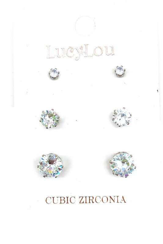 Silver 3-pairs CZ Stud Earrings