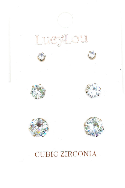 Gold 3-pair CZ Stud Earrings
