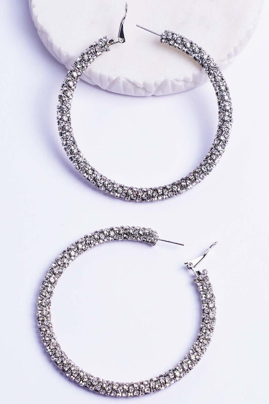 Rhodium Twisted Rhinestone Hoop Earring