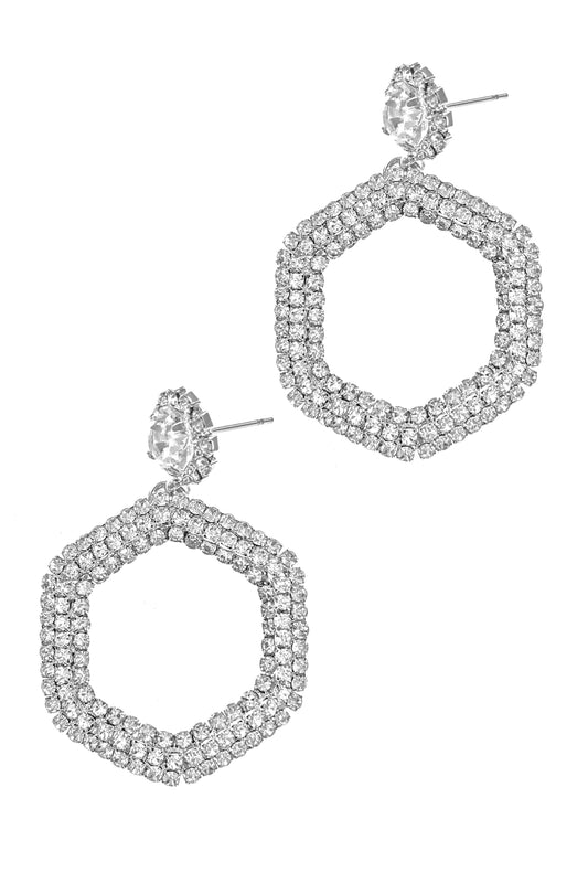 Silver Rhinestone Open Hexagon Earrings